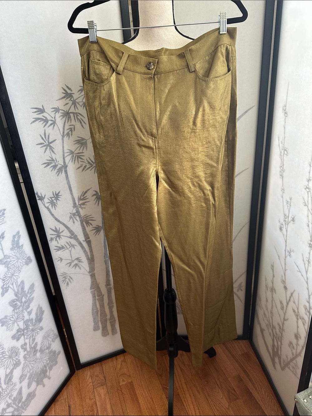 NWT French Connection Olive Metallic Straight Slit at Leg Pants